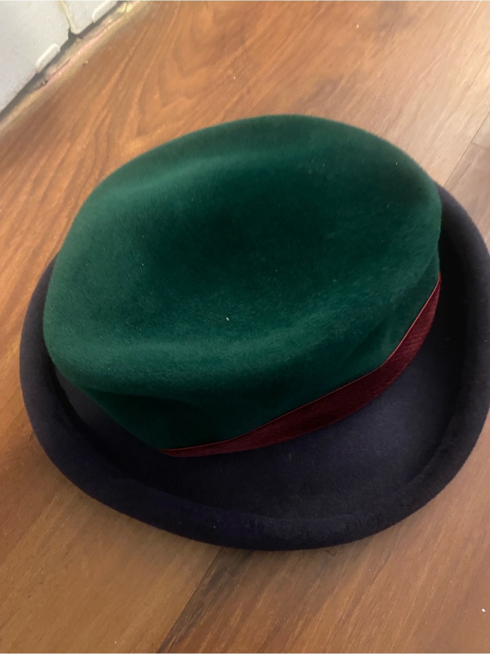 Tatyana Two-Tone Velvet Pillbox Hat in Navy & Forest Green with Wine Accent